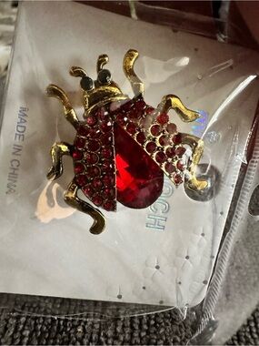 Gold-Tone Red Crystal Beetle Brooch by